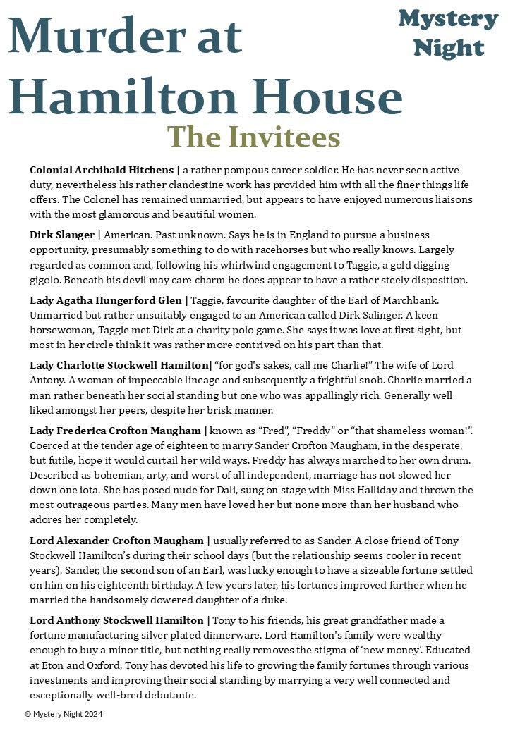 Murder at Hamilton House Murder Mystery Game